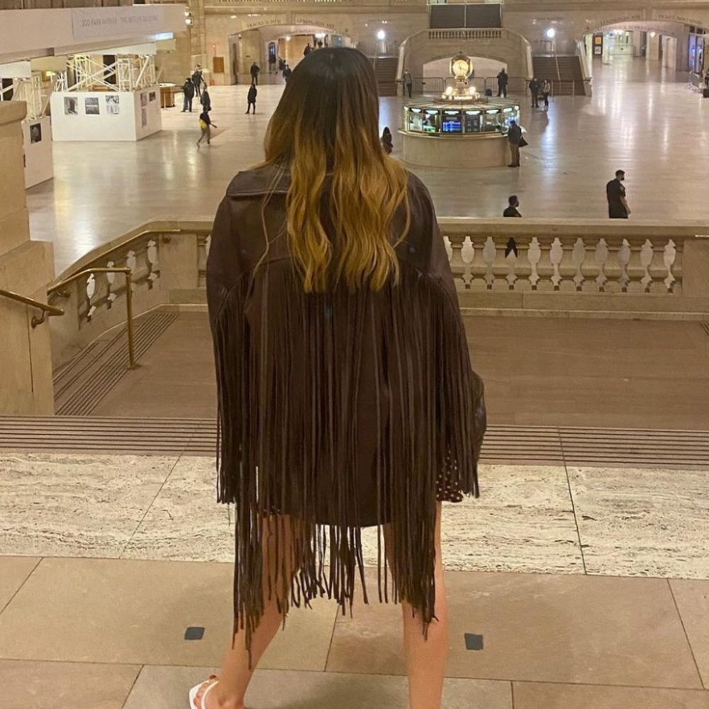 Zara Bergundy Faux Leather Fringe Jacket